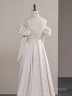 A-Line Two Pieces Satin Champagne Long Formal Prom Dress, Champagne Formal Dress