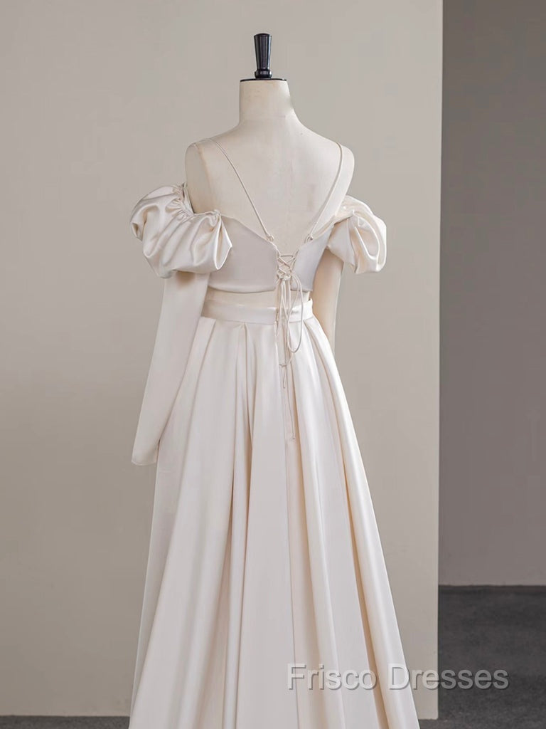 A-Line Two Pieces Satin Champagne Long Formal Prom Dress, Champagne Formal Dress