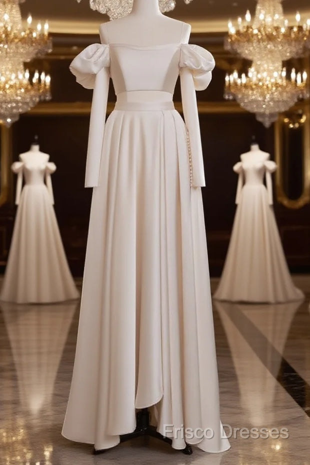 A-Line Two Pieces Satin Champagne Long Formal Prom Dress, Champagne Formal Dress Main image
