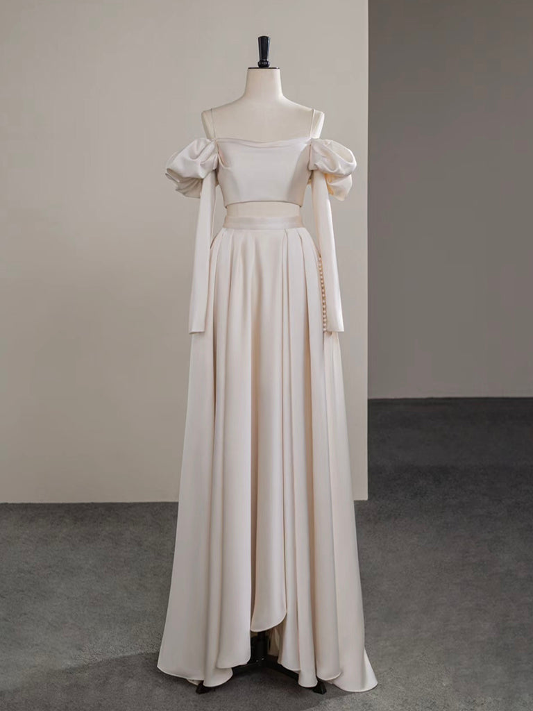 A-Line Two Pieces Satin Champagne Long Prom Dress, Champagne Long Formal Dress Main image