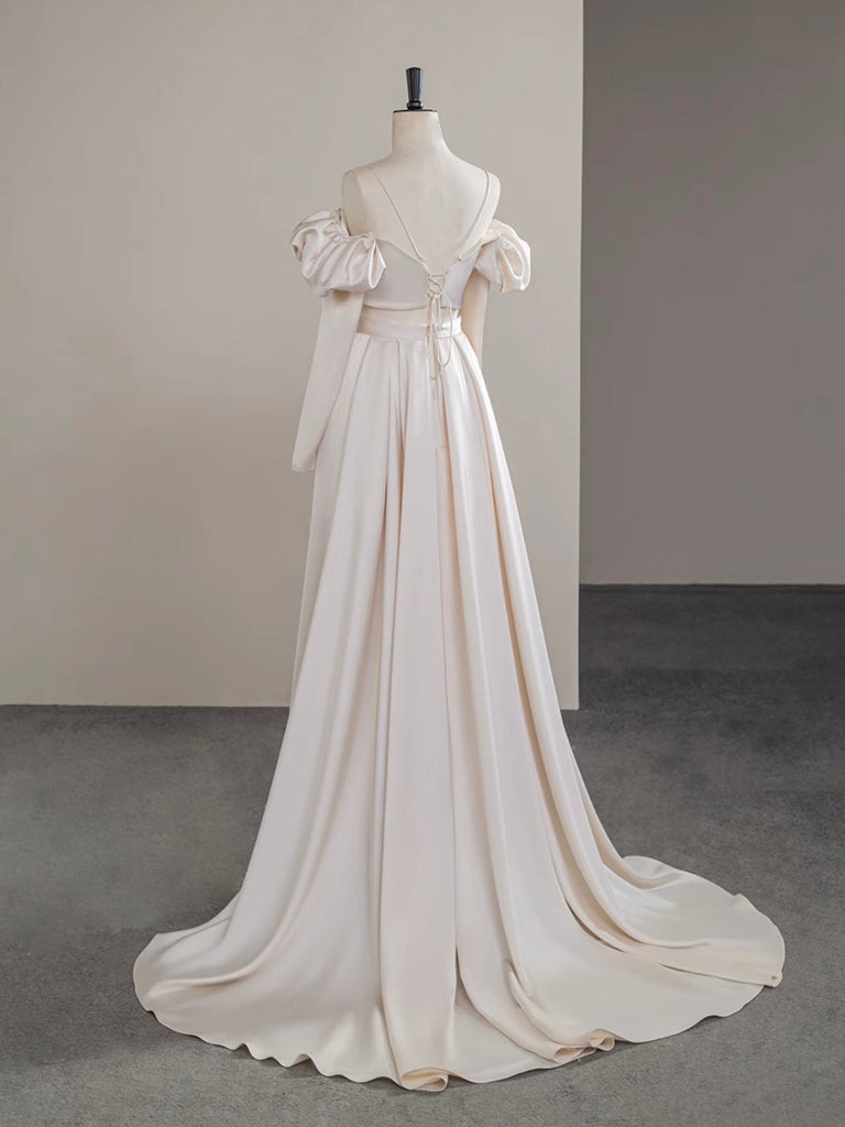 A-Line Two Pieces Satin Champagne Long Prom Dress, Champagne Long Formal Dress Secondary image