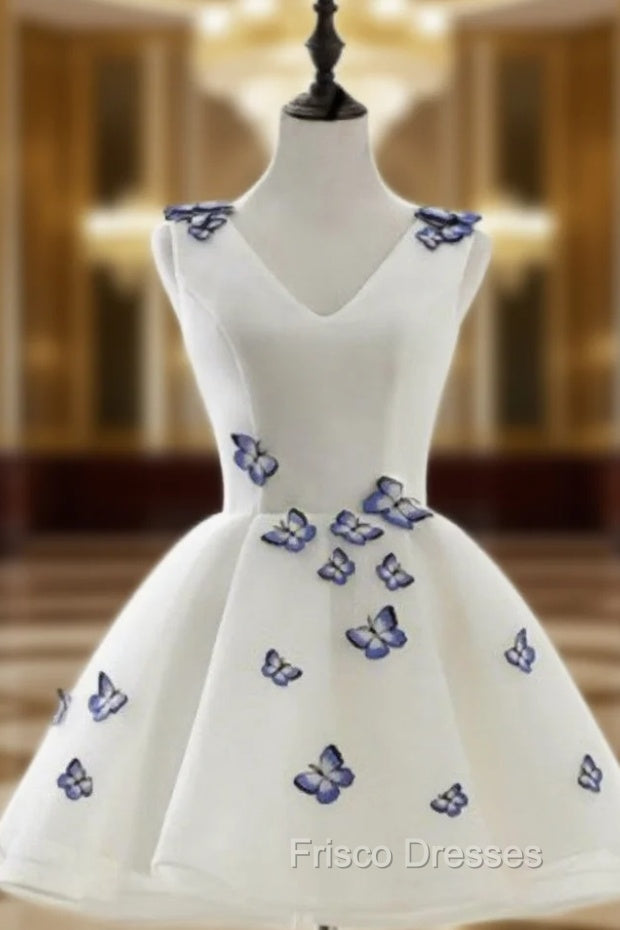 A-Line V-Neck Above-Knee Ivory Satin Organza Homecoming Dress with butterfly Appliques