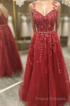 A Line V Neck and V Back Burgundy Lace Floral Long Formal Prom Dresses, Burgundy Lace Formal Evening Dresses