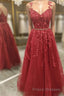 A Line V Neck and V Back Burgundy Lace Floral Long Formal Prom Dresses, Burgundy Lace Formal Evening Dresses