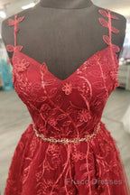 A Line V Neck and V Back Burgundy Lace Floral Long Formal Prom Dresses, Burgundy Lace Formal Evening Dresses