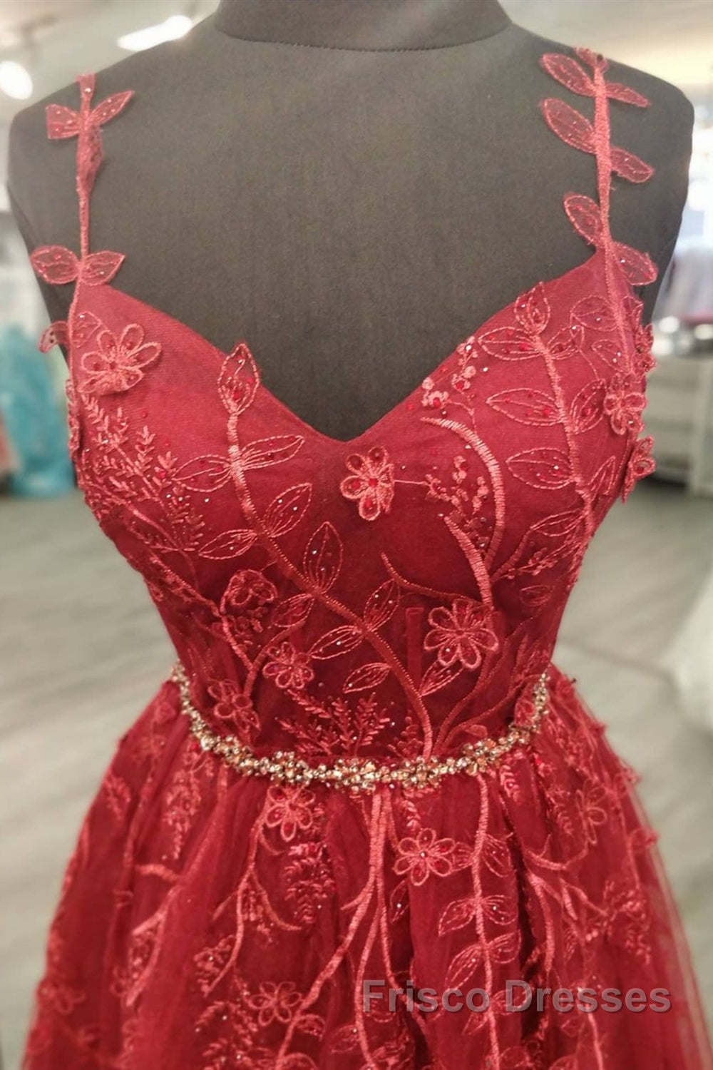 A Line V Neck and V Back Burgundy Lace Floral Long Formal Prom Dresses, Burgundy Lace Formal Evening Dresses