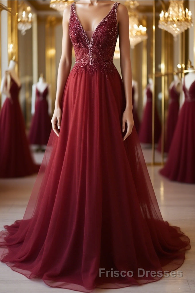 A Line V Neck and V Back Long Beading Lace Burgundy Formal Prom Dresses, Lace Burgundy Formal Graduation Evening Dresses Main image