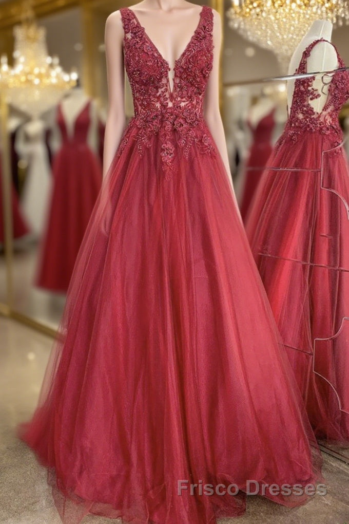 A Line V Neck and V Back Red Lace Floral Long Formal Prom Dresses, Open Back 3D Flowers Red Lace Formal Evening Dresses