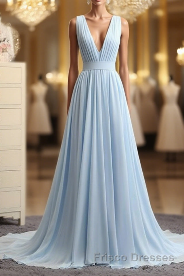 A Line V Neck and V Back Sky Blue Chiffon Long Formal Prom Dresses, V Neck Blue Formal Dresses, Blue Evening Dresses Main image