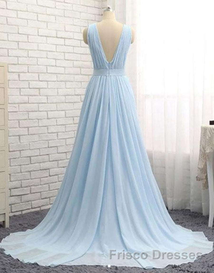A Line V Neck and V Back Sky Blue Chiffon Long Formal Prom Dresses, V Neck Blue Formal Dresses, Blue Evening Dresses Secondary image