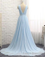 A Line V Neck and V Back Sky Blue Chiffon Long Formal Prom Dresses, V Neck Blue Formal Dresses, Blue Evening Dresses