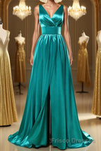 A Line V Neck and V Back Turquoise Long Formal Prom Dresses with Slit, Turquoise Formal Graduation Evening Dresses