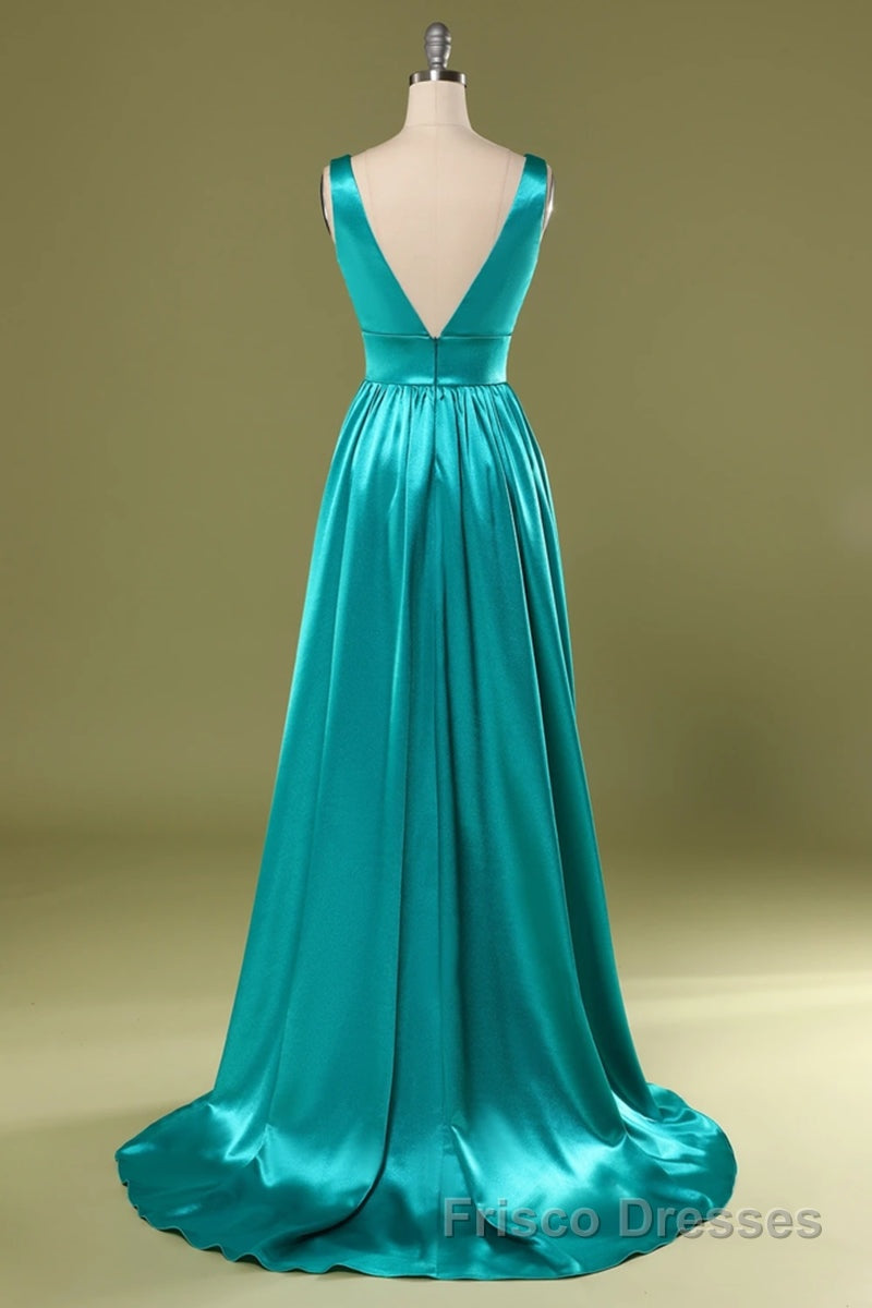 A Line V Neck and V Back Turquoise Long Formal Prom Dresses with Slit, Turquoise Formal Graduation Evening Dresses Secondary image