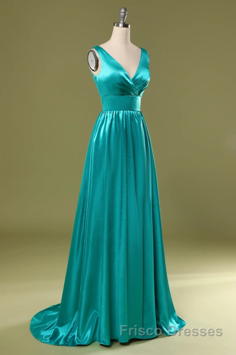 A Line V Neck and V Back Turquoise Long Formal Prom Dresses with Slit, Turquoise Formal Graduation Evening Dresses