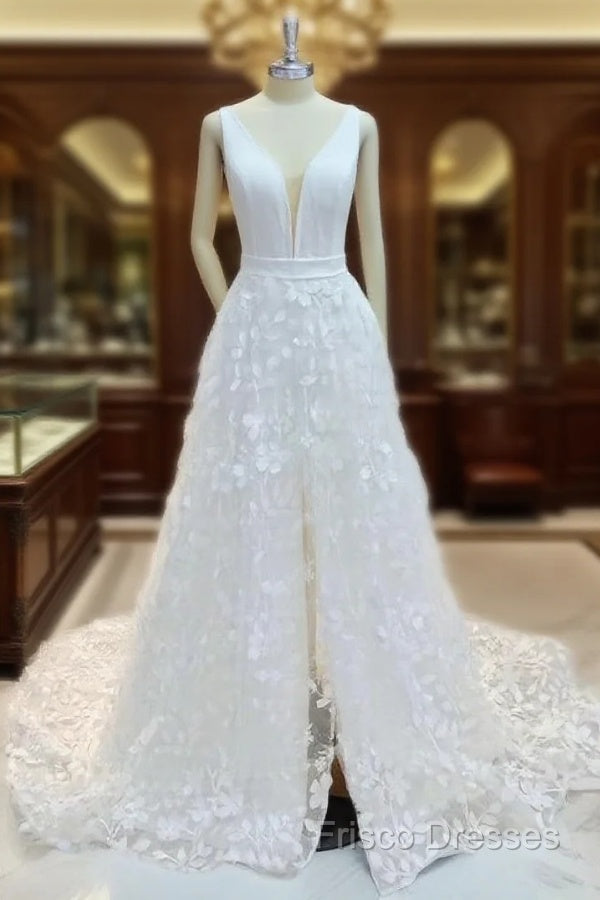 A-Line V-Neck Applique Sweep Train Stretch Crepe Wedding Dress Main image