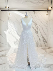 A-Line V-Neck Applique Sweep Train Stretch Crepe Wedding Dress