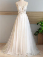 A-Line V-Neck Applique Sweep Train Tulle Wedding Dress