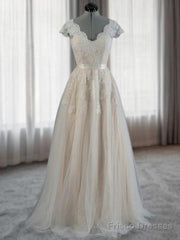 A-Line V-Neck Appliques Lace Floor-Length Lace Wedding Dress