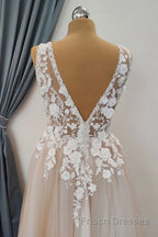 A Line V Neck Appliques Lace Formal Prom Dresses, Lace Formal Graduation Evening Dresses