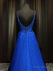 A-line V-neck Appliques Lace Sweep Train Tulle Dress