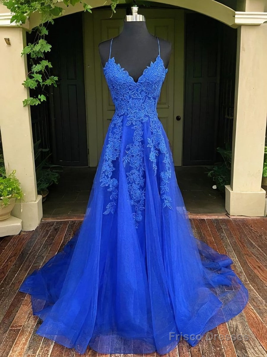 A-line V-neck Appliques Lace Sweep Train Tulle Dress Main image