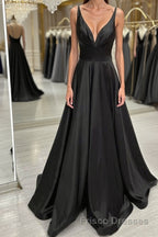A Line V Neck Backless Black Long Formal Prom Dresses, V Neck Black Formal Dresses, Backless Black Evening Dresses