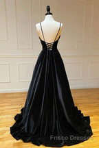 A Line V Neck Backless Black Velvet Long Formal Prom Dresses, V Neck Black Formal Dresses, Black Velvet Evening Dresses