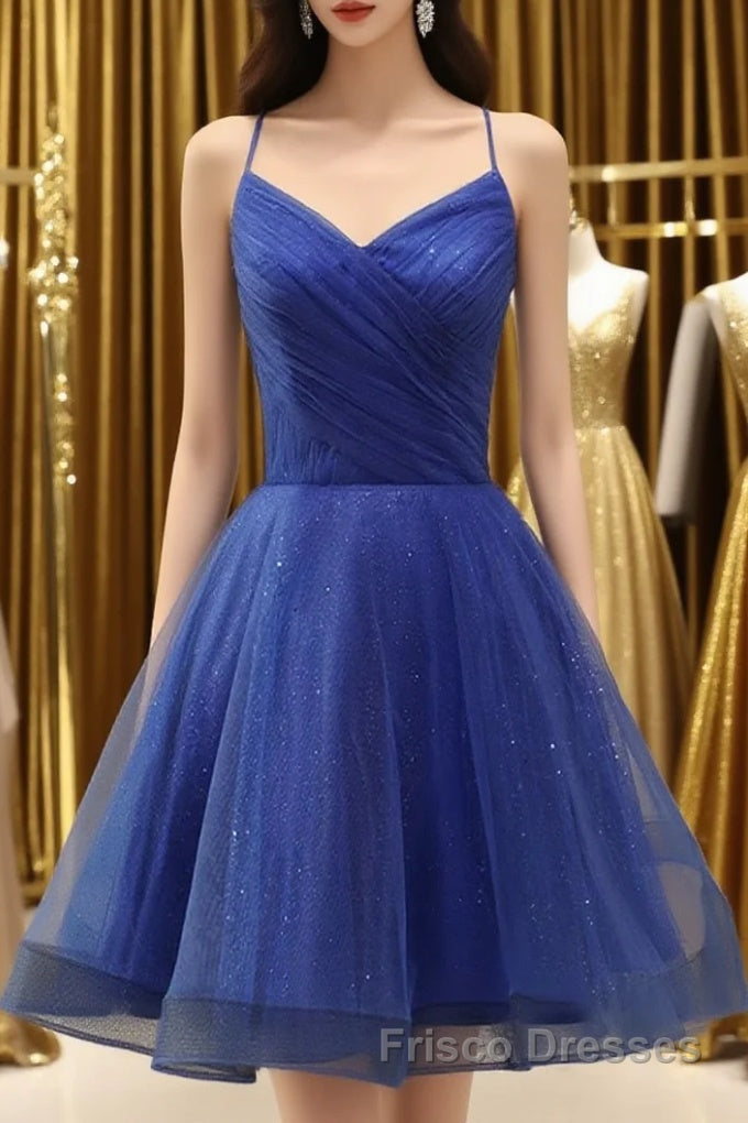 A Line V Neck Backless Blue Tulle Formal Prom Dresses, Backless Blue Homecoming Dresses, Short Blue Formal Evening Dresses