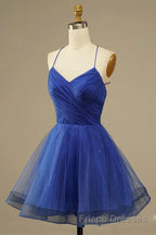 A Line V Neck Backless Blue Tulle Formal Prom Dresses, Backless Blue Homecoming Dresses, Short Blue Formal Evening Dresses