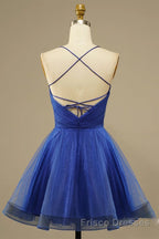 A Line V Neck Backless Blue Tulle Formal Prom Dresses, Backless Blue Homecoming Dresses, Short Blue Formal Evening Dresses
