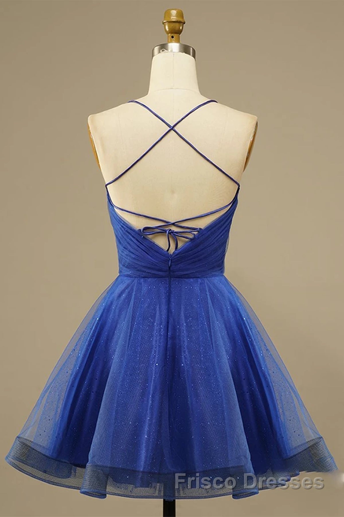 A Line V Neck Backless Blue Tulle Formal Prom Dresses, Backless Blue Homecoming Dresses, Short Blue Formal Evening Dresses