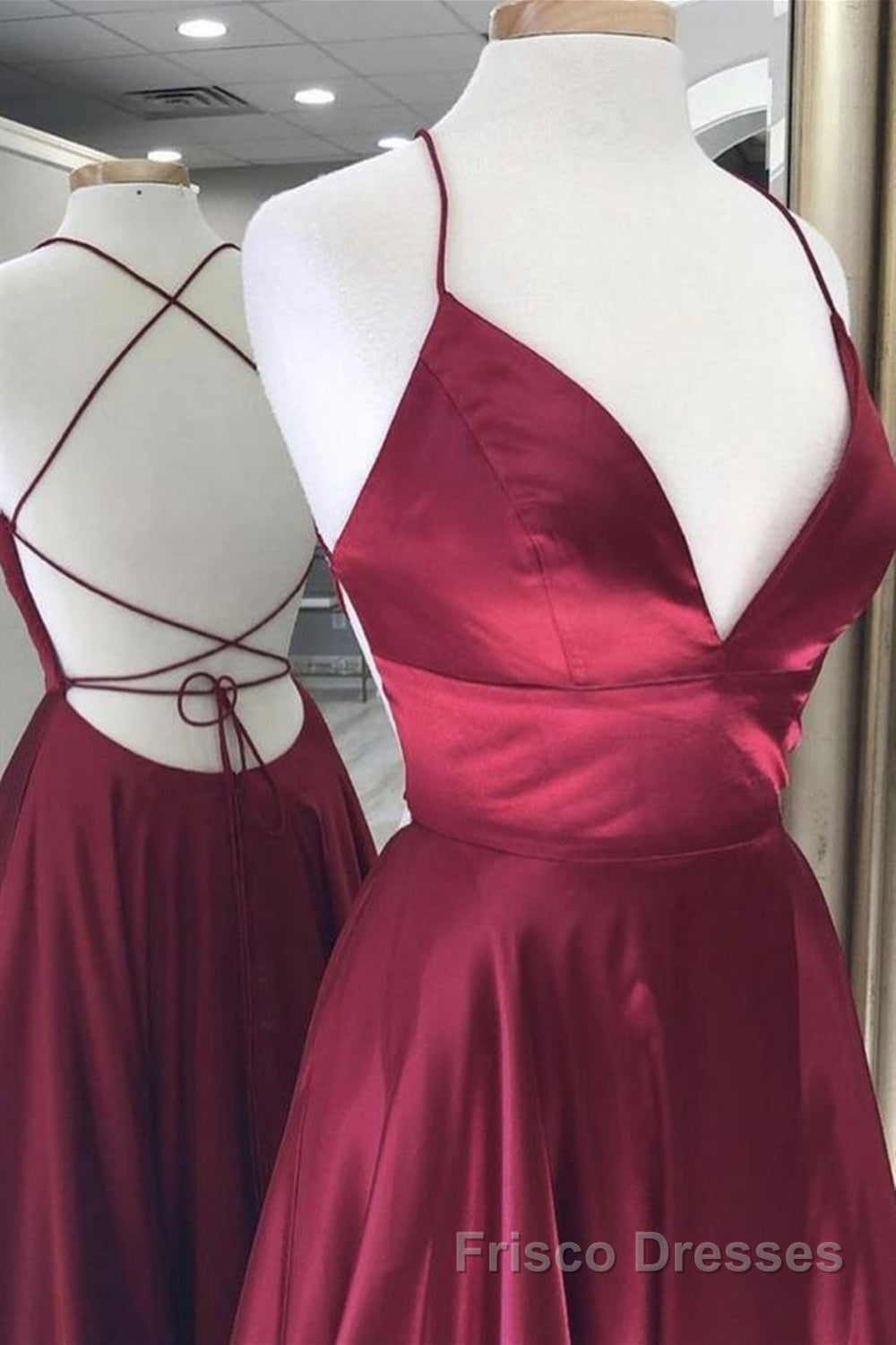 A Line V Neck Backless Burgundy Long Formal Prom Dresses, Backless Burgundy Formal Graduation Evening Dresses