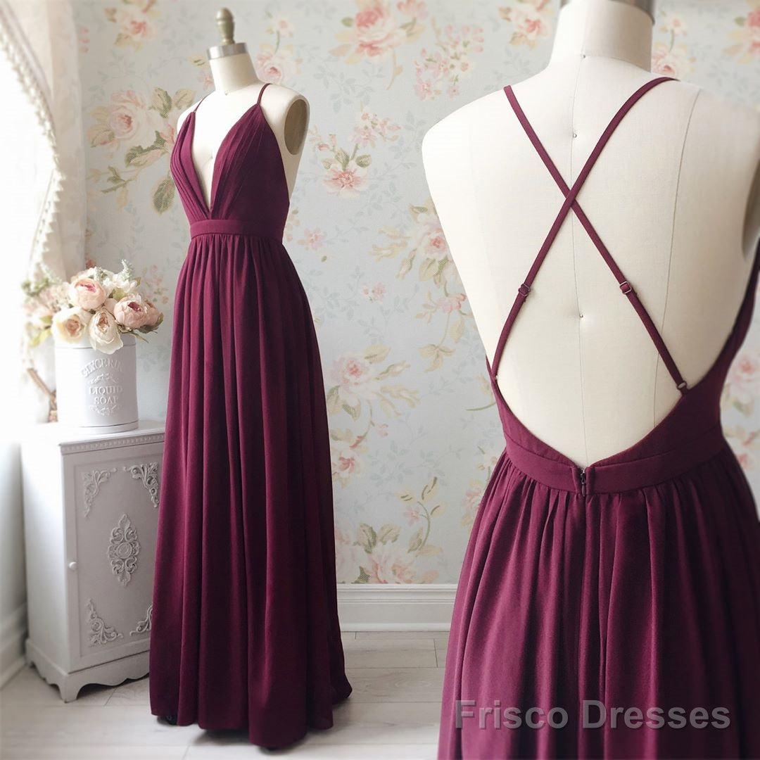 A Line V Neck Backless Burgundy Prom Dresses, V Neck Backless Burgundy Formal Bridesmaid Dresses