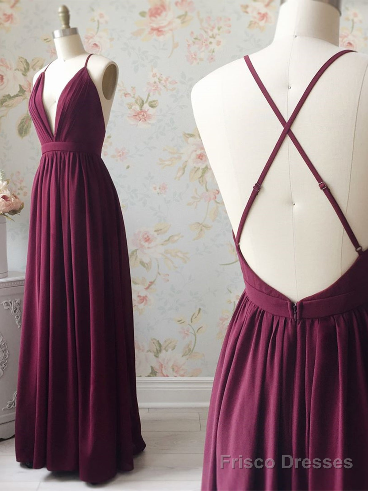 A Line V Neck Backless Burgundy Prom Dresses, V Neck Backless Burgundy Formal Bridesmaid Dresses Main image