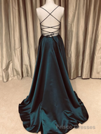 A Line V Neck Backless Dark Green Long Prom Dresses