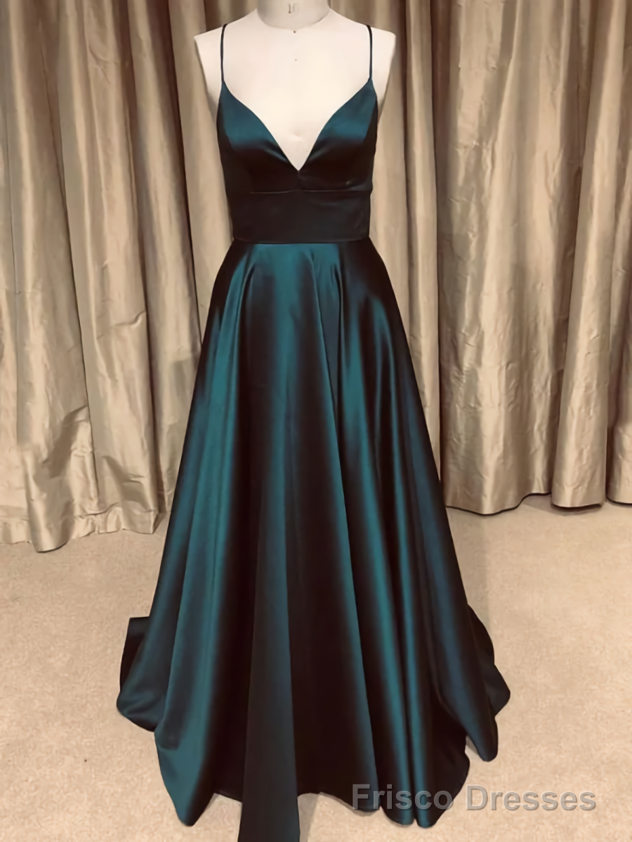 A Line V Neck Backless Dark Green Long Prom Dresses Main image