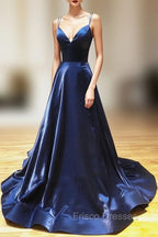 A Line V Neck Backless Dark Navy Blue Formal Prom Dress, Open Back Navy Blue Formal Evening Dress