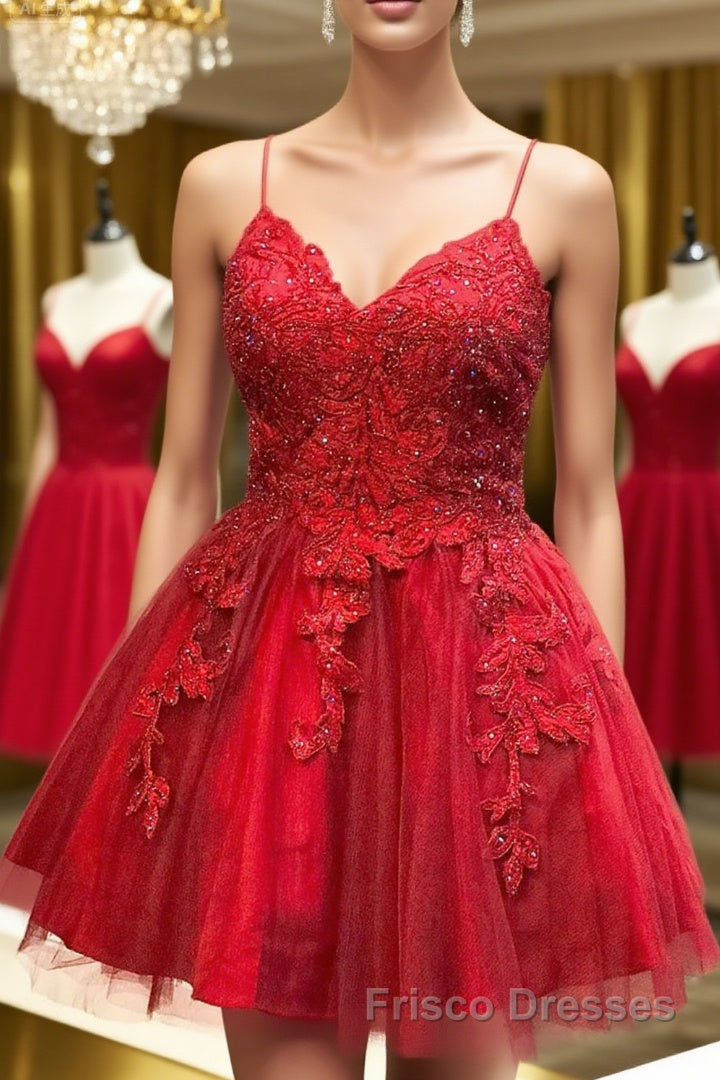 A Line V Neck Backless Lace Red Short Formal Prom Dresses Homecoming Dresses, Backless Red Lace Formal Graduation Evening Dresses Main image