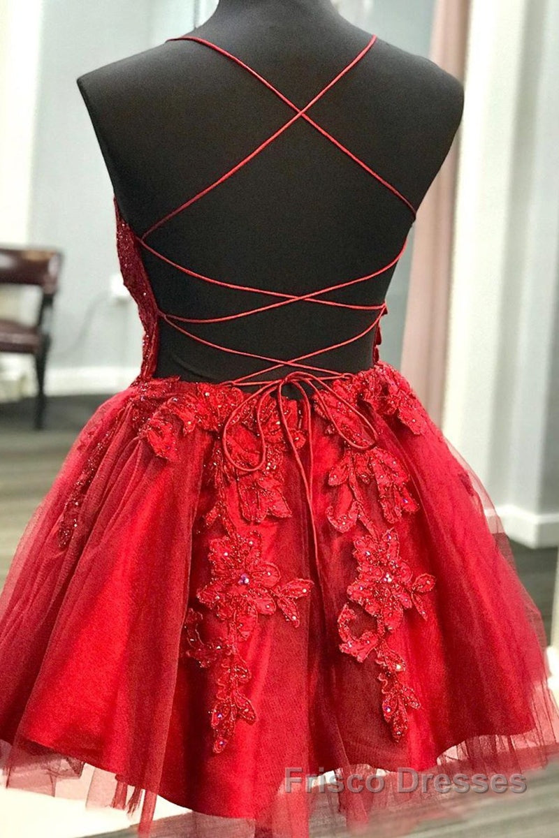 A Line V Neck Backless Lace Red Short Formal Prom Dresses Homecoming Dresses, Backless Red Lace Formal Graduation Evening Dresses