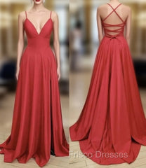 A Line V Neck Backless Red Long Formal Prom, Backless Red Fromal, Red Evening