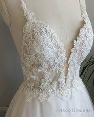 A Line V Neck Backless White Lace Prom Dresses, Backless White Lace Wedding Dress, Lace Bridesmaid Dresses