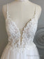 A Line V Neck Backless White Lace Prom Dresses, Backless White Lace Wedding Dress, Lace Bridesmaid Dresses