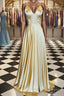 A Line V Neck Backless Yellow Satin Long Formal Prom Dresses, Yellow Backless Formal Dresses, Yellow Evening Dresses
