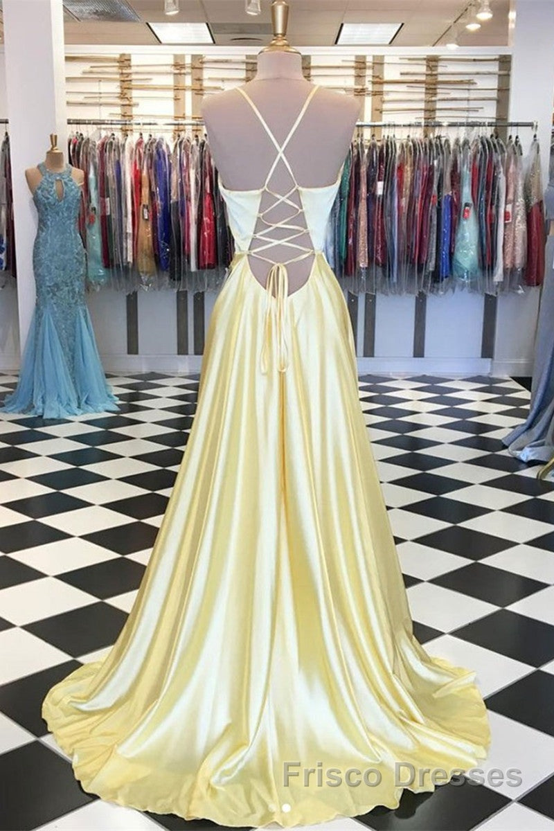 A Line V Neck Backless Yellow Satin Long Formal Prom Dresses, Yellow Backless Formal Dresses, Yellow Evening Dresses Secondary image