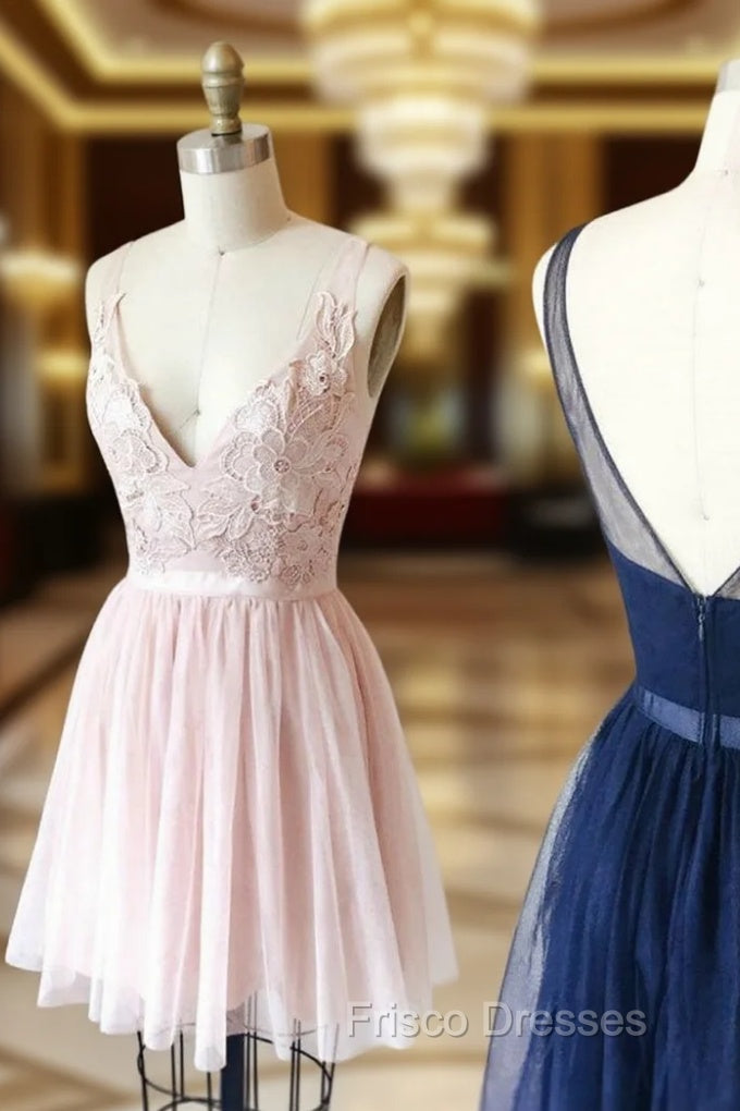 A-Line V-neck Bakless Tulle Appliques Homecomign Dress Main image