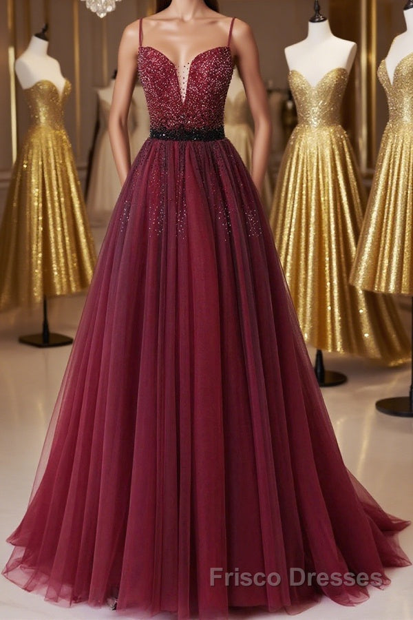 A Line V Neck Beaded Burgundy Tulle Long Formal Prom Dresses, Beaded Burgundy Formal Graduation Evening Dresses Main image