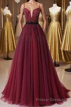 A Line V Neck Beaded Burgundy Tulle Long Formal Prom Dresses, Beaded Burgundy Formal Graduation Evening Dresses