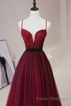 A Line V Neck Beaded Burgundy Tulle Long Formal Prom Dresses, Beaded Burgundy Formal Graduation Evening Dresses