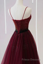 A Line V Neck Beaded Burgundy Tulle Long Formal Prom Dresses, Beaded Burgundy Formal Graduation Evening Dresses