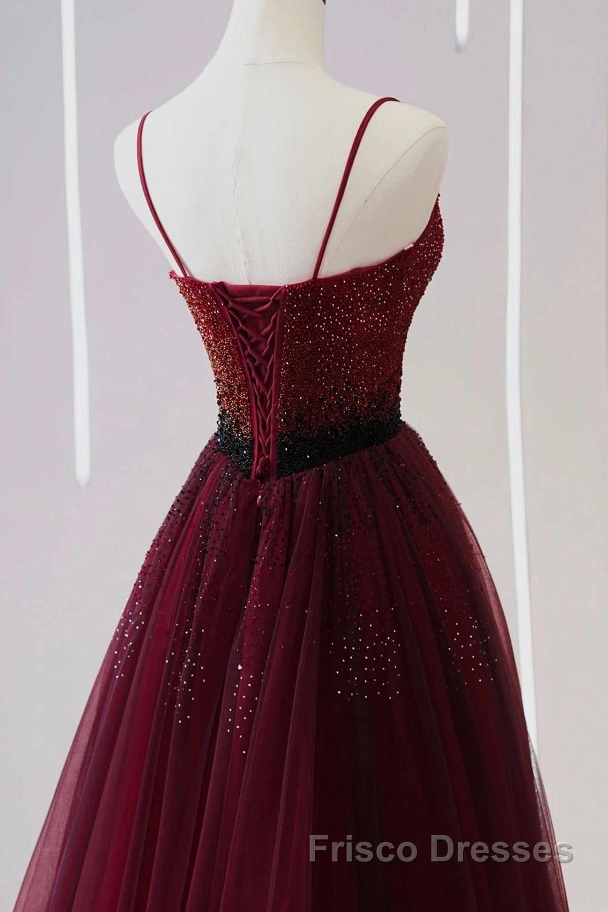 A Line V Neck Beaded Burgundy Tulle Long Formal Prom Dresses, Beaded Burgundy Formal Graduation Evening Dresses